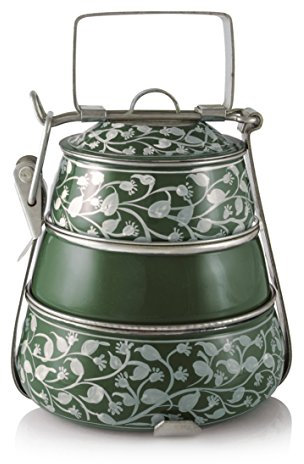 3 Tier Pyramid Green Handpainted Tiffin by Indian-Tiffin