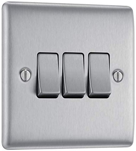 BG Electrical Triple Wall Light Switch, 2 Way, Raised and Slim Profile, Round Edges, Nexus Metal, Brushed Steel, 20A, 16AX, NBS43