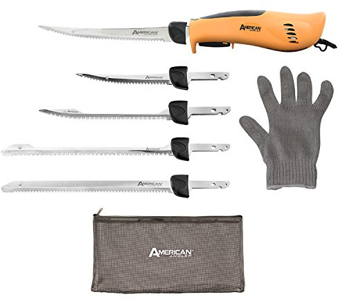 American Angler PRO Electric Fillet Knife Professional Grade Fisherman's Kit – Includes 5 Types of Stainless Steel Blades, Storage Pouch, and Protective Glove 32352DS