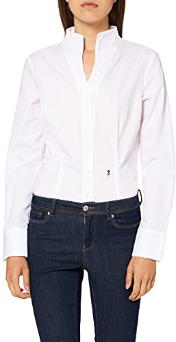 Sidenklistermärken damer blus – stadsblus – strykfri – blus med krage – smal passform – långärmad – 100% bomull, Vit, 34