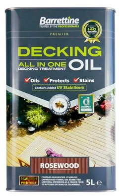 Barrettine Decking Oil (Rosewood, 5L) - UV & Fade Resistant All-in-One Outdoor Decking Treatment, Water Repellent Deck Oil for Exterior Timber & Structures