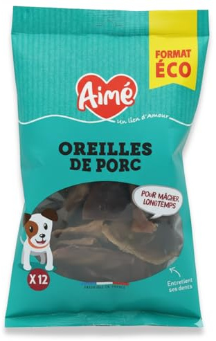 Aimé Oreille de Porc pour Chien, X12, Sans conservateur ni colorant, Friandise à mâcher 100 pourcent naturelle, Multicolore, 12 Unité (Lot de 1)