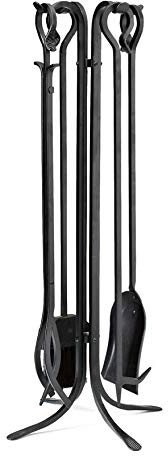 Plow & Hearth 5 Piece Hand Forged Iron Compact Fireplace Tool Set 32.5 | Black Wrought Iron Handle for Outdoor Indoor | Stand Poker Shovel Brush Log Tongs Wood Stove Accessory