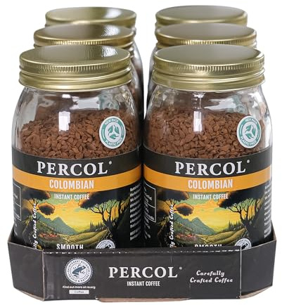Percol - Smooth Colombian Instant Coffee (6x100g), 100% Hand-Picked Colombian Arabica, Freeze Dried, Light & Fruity Citrus Notes, Strength 3, Sustainable, Metal Lid, Recyclable, Rainforest Alliance