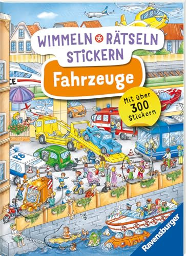 Ravensburger Wimmeln, Rätseln, Stickern: Fahrzeuge - Stickerbuch ab 4 Jahren, 13 Wimmelbilder, über 300 Sticker, Fahrzeuge