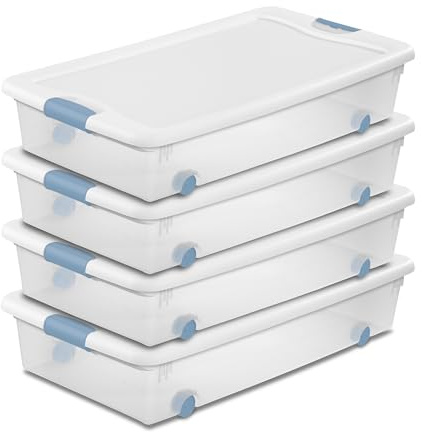 Sterilite 4-Pack 56 Quart Wheeled Latching Box, Underbed Clear Plastic Storage Organizer - Under Bed Rolling Container Bin with Lid and Wheels for Home or Dorm Bedrooms and Closets