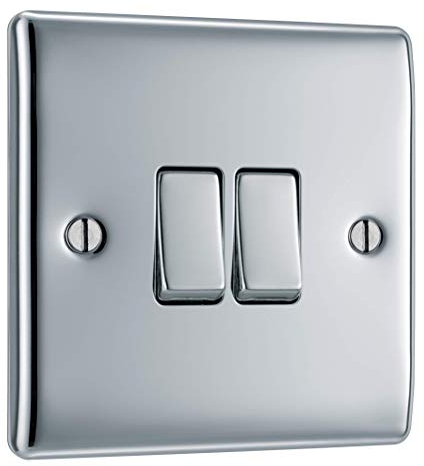 BG Electrical Double Wall Light Switch, 2 Way, Raised and Slim Profile, Round Edges, Nexus Metal, Polished Chrome, 20A, 16AX, NPC42