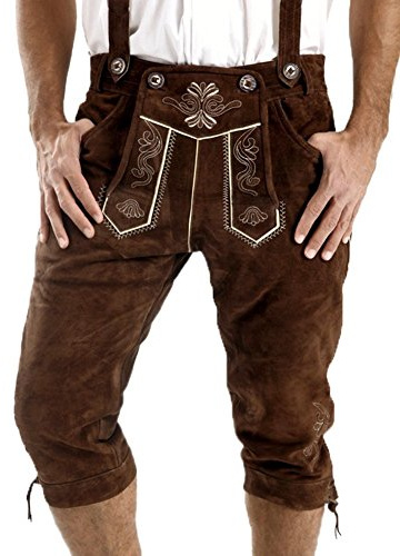 Leather Craft Mens Knee Breeches German Bavarian Lederhosen Oktoberfest Brown Lederhosen (30 Inches Waist)