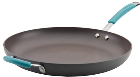 Rachael Ray Cucina Hard-Anodized Nonstick Skillet with Helper Handle, 14-Inch, Gray/Agave Blue