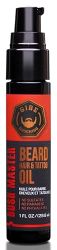 GIBS Grooming - Bush Master Beard, Hair & Tattoo Oil (1 fl oz) - Softens, Strengthens, Protects - Skin Moisturizer - Vitamin C - UV Shield - Travel Size - Beard Oil, Hair Care, Skin Care - Made in USA