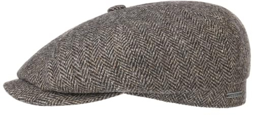 Stetson Hatteras Classic Wool Schiebermütze Herren Flatcap mit Baumwollfutter Fischgrätmuster Ballonmütze Herbst Winter Dunkelbraun 58 cm