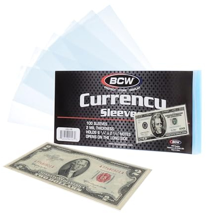 BCW Regular Bill Currency Sleeves – 100 Pack | Thin, Low-Bulk, Acid-Free Polypropylene Sleeves for US Paper Currency | Clear Protective Sleeves for Handling