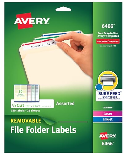 Avery File Folder Labels with Sure Feed, 2/3 x 3-7/16, 750 Printable Labels, Removable, Assorted (6466)