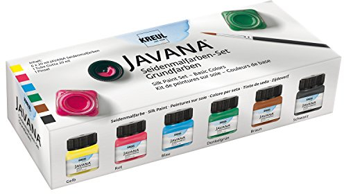 KREUL 81600 - Javana Set de peinture sur soie avec 6 pots de peinture en verre de 20 ml, 1 tube de gutta de 20 ml et 1 pinceau, pour la soie et les textiles clairs Couleurs de base
