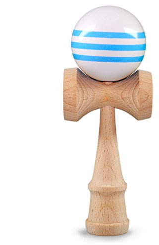 Ganzoo Kendama in Legno di faggio Laccato Blu e Bianco, Sfera con Foro Ø 6 cm, Cordino in Nylon, 3 Coppe e Punta, Altezza 16 cm, attrezzo di abilità e precisione