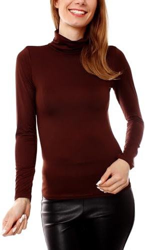 Easy Young Fashion - Damen Thermo Mikrofaser Langarm Rollkragen Shirt - Rolli Unterziehshirt Skinny Fit 3253 - Dunkelbraun M