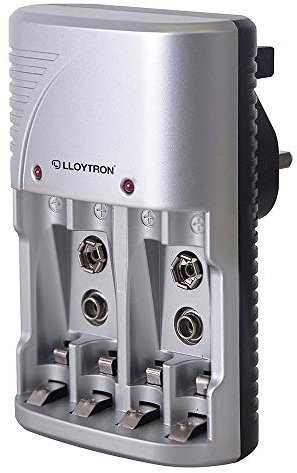 LLOYTRON Compact AA / AAA / 9v (PP3) Battery Charger for NiMh / NiCd Rechargeable Batteries ? Charge 2 or 4 Batteries at Once ? B1502 - Silver