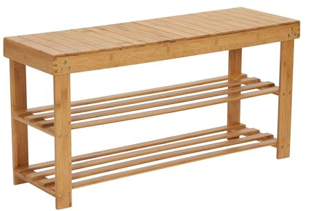 Household Essentials 2-Shelf Bamboo Bench, Slatted Bench Seat with Storage Shelves, Sturdy, Lightweight, Versatile and Stylish, Easy to Assemble, Perfect for The Entryway, Bedroom or Garage, Natural