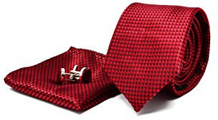 Coffret Ensemble Cravate Homme, Mouchoir de Poche, Boutons de Manchette Rouge Bordeaux - 100% en Soie - Classique, Elégant et Moderne - (Idéal pour un cadeau, un mariage, avec un costume, au travail)