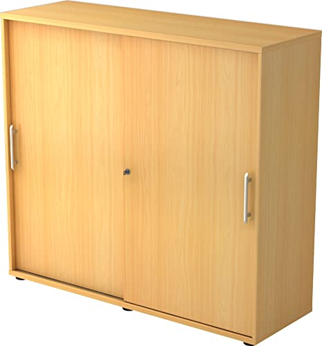 bümö Schiebetürenschrank 3OH - Aktenschrank abschließbar, Sideboard Schrank mit Schiebetüren in Buche - Büroschrank aus Holz mit Schiebetür, Büro Kommode für Ordner & Co.