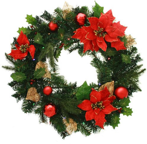 WeRChristmas Pre-Lit Decorated Wreath Illuminated with 20 Warm White LED Lights, 60 cm - Red/Gold