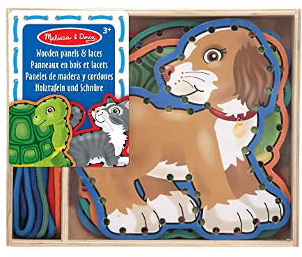 Melissa & Doug - Fädelspiel aus Holz mit Tieren, 5 doppelseitige Holztafeln mit Schnüren, Motorikspielzeug, Für Kinder ab 3 Jahren