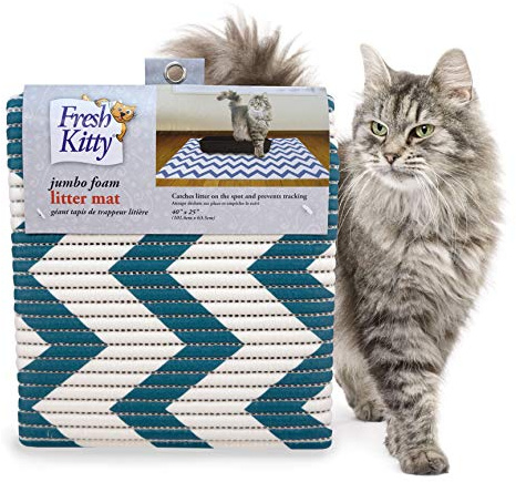 Fresh Kitty Durable XL Jumbo Foam Litter Mat – Phthalate and BPA Free, Water Resistant, Traps Litter from Box, Scatter Control, Easy Clean Mats – Chevron, Blue/White Chevron (9035)