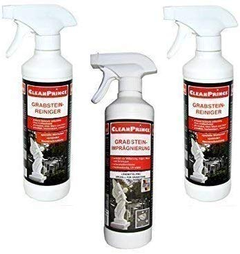Cleanprince 3 Unidad Lápida Cuidado Set de = 2 X Tumba 500ML y 1 X Grabstein-Imprägnierung,Limpiador Lápidas Elimina Musgo Algas Piedra Natural,Excrementos Pájaros Verdete Depósitos Tiempo en,Polen