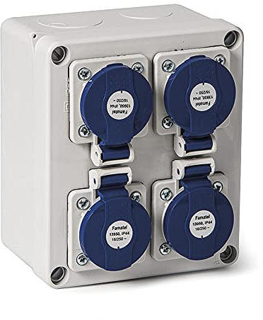 FAMATEL - Wasserdichte Abzweigdose IP44 | 4 Steckdosen | 2P+TTL | 16A | 250V | Blau