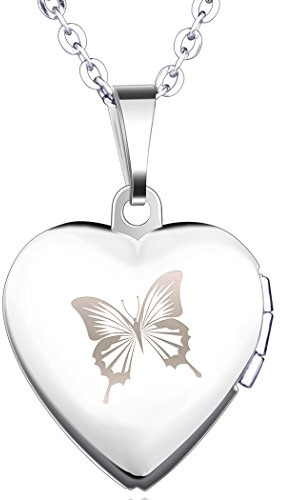 Yumilok Edelstahl Schmetterling Foto Medaillon zum Öffnen Photo Bilder Amulett Silberfarben Blau Herzanhänger Halskette Kettenanhänger für Damen Mädchen