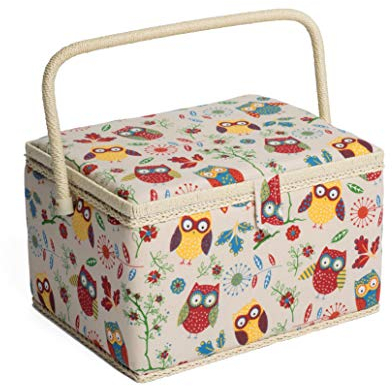 Hobby Gift Large Sewing Box Organiser with Handle - Cotton Basket Sewing Storage Box, Craft Storage Boxes with Compartments for Tools & Accessories - 23.5 x 31 x 20cm, Owl