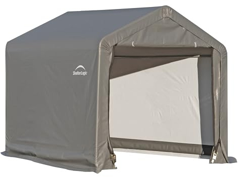 ShelterLogic 6' x 6' Shed-in-a-Box All Season Steel Metal Peak Roof Outdoor Storage Shed with Waterproof Cover and Heavy Duty Reusable Auger Anchors, Grey
