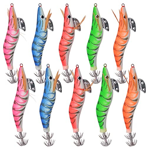 Shaddock Fishing, esche da pesca artificiali con calamaro, polipo, seppia, gambero, in legno, con amo e in colori assortiti, set da 9 a 15 cm, 10 pezzi