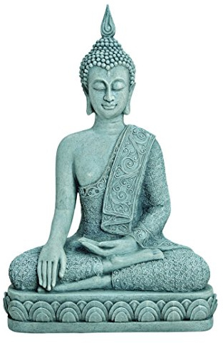 Statuetta decorativa a forma di Buddha seduto, circa 39 cm in altezza, di colore grigio, per appartamento, casa e giardino, ideale come regalo, effetto pietra