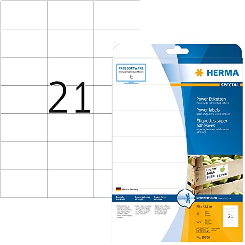 Herma 10906 - Etiquetas adhesivas (525 unidades, 21 en cada hoja, rectángulares, 70 x 42,3 mm), color blanco