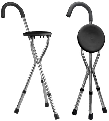 MP Essentials Lightweight Portable Folding Walking Stick with Chair Seat Cane with Anti Slip Rubber Feet and Adjustable Height | Disability Elderly Walking Aid Support (Black, One Size - Adjustable)