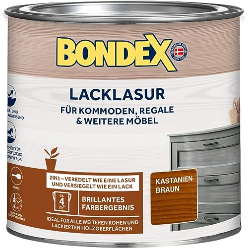 Bondex Lacklasur Kastanienbraun 0,375 L für 3,75m² | 2in1 - veredelt und versiegelt | Wasser- und Schmutzabweisend | Sicherheit für Kinderspielzeug nach DIN EN 71-3 | Seidenglänzend | Holzlasur