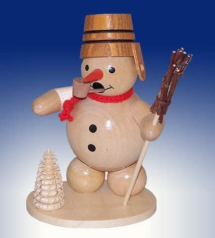 Rudolphs Schatzkiste Smoking Man Snowman with Holztrog and Broom Natural Height 13cm Smoke Man Smoking Figure Räucherkerze Figurine Wood Seiffen Erzgebirge Wood Smoke Character Christmas Decoration