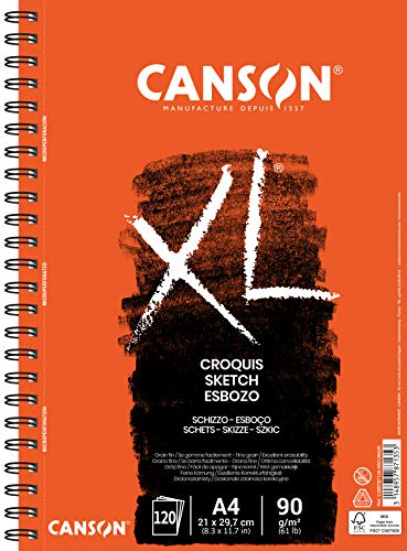 Canson XL® Croquis Skizzenblock, spiralgebunden an der langen Seite, DIN A4, 120 Blatt, 90 g/m², creme