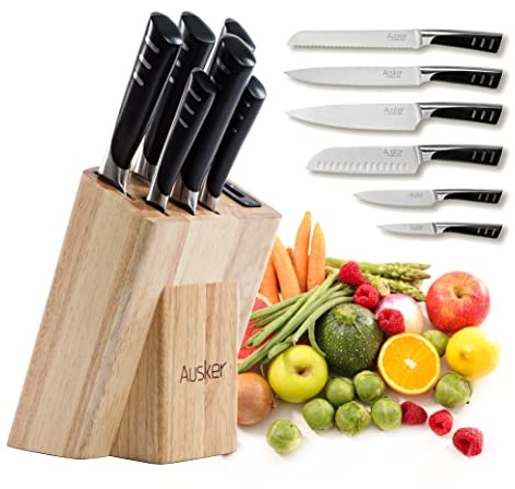 Ausker - Juego de cuchillos de acero inoxidable con bloque de cuchillos autoafilables - cuchillo de pelar, Santoku, multicorte, cuchillos de trinchar y rebanar pan, hojas profesionales - juego de 6