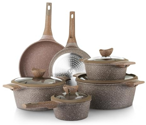 KASANOVA set pentole antiaderenti per induzione e ogni piano cottura - 10 pezzi Terra marrone