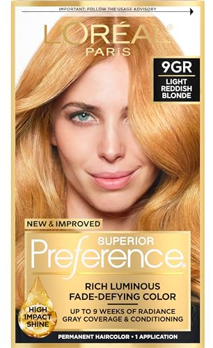 L'Oreal Paris Superior Preference Luminous Fade-Defying Permanent Hair Color, Hair Dye For Up to 9 Weeks of Radiance, Golden Reddish Blonde 9GR, 1 Hair Dye Kit