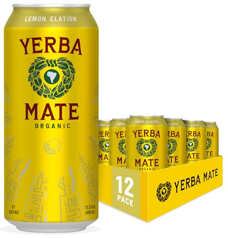 Yerba Madre Organic Yerba Mate, Lemon Elation, 150mg Natural Caffeine, Energy Drink Alternative, No Jitters or Crash, 15.5 Oz Cans (Pack of 12)