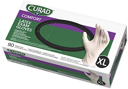 CURAD Comfort Disposable Medical Latex Gloves, Powder-Free, Textured, Premium Quality for Healthcare Professionals, Size X-Large, Box of 90