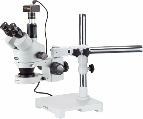 AmScope SM-3T-80S-M Digital Professional Trinocular Stereo Zoom Microscope, WH10x Eyepieces, 7X-45X Magnification, 0.7X-4.5X Zoom Objective, 80-Bulb LED Ring Light, Single-Arm Boom Stand, 90V-265V, Includes 1.3MP Camera with Reduction Lens and Software