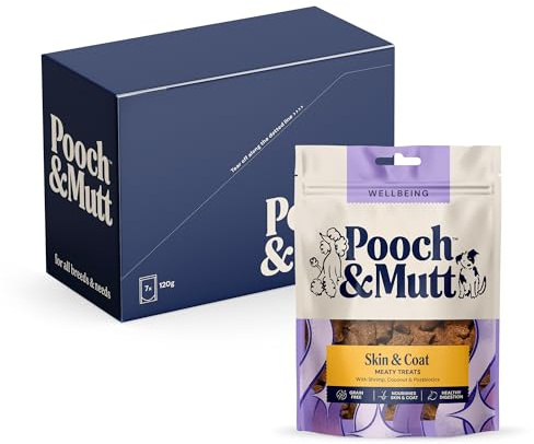 Pooch & Mutt - Skin & Coat Meaty Treats, Dog Treats Grain Free, for Itchy Skin and Skin Relief, Shrimp & Coconut, Pack of 7x120g (packaging may vary)