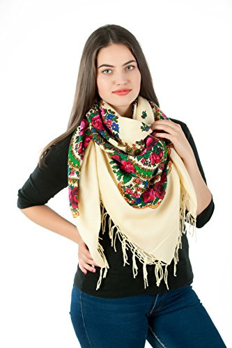 Supplied by Home Decor UK Grand foulard élégant avec beau motif folklore slave 125 cm x 125 cm beige