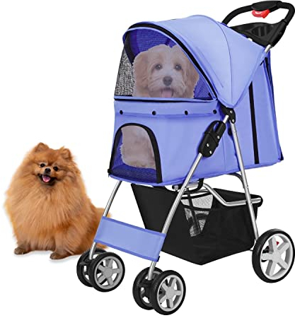 Flexzion Hundebuggy, Hundewagen, Pet Stroller Haustierwagen, Katzenbuggy, Katzenwagen, Faltbar Haustiere Buggy mit Netzfenstern & Getränkehalter für Kleine Haustiere mit 4 Rädern - Dunkelblau