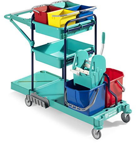 TTS 0B003460 Green 460 Carrello per la Pulizia, Due Secchi da 15 Litri e Strizzatore, Quattro Secchi da 6 Litri e Due Vaschette Portaoggetti, Portasacco da 120 Litri