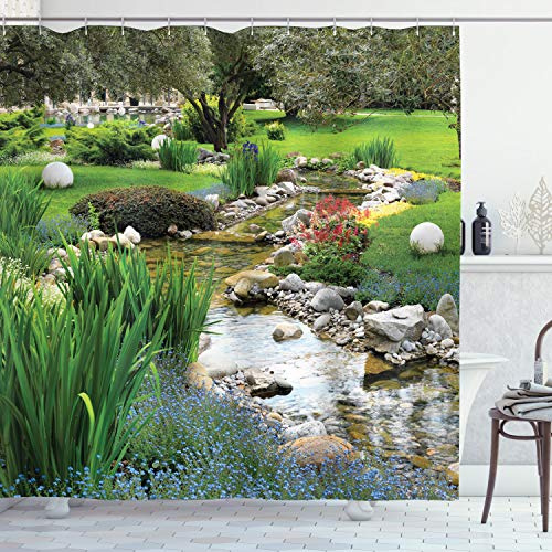 Ambesonne Garden Shower Curtain, Garden Pond in Style with Flowing Stream and Wild Flowers Bushes Stones, Cloth Fabric Bathroom Decor Set with Hooks, 69 W x 70 L, Fern Green